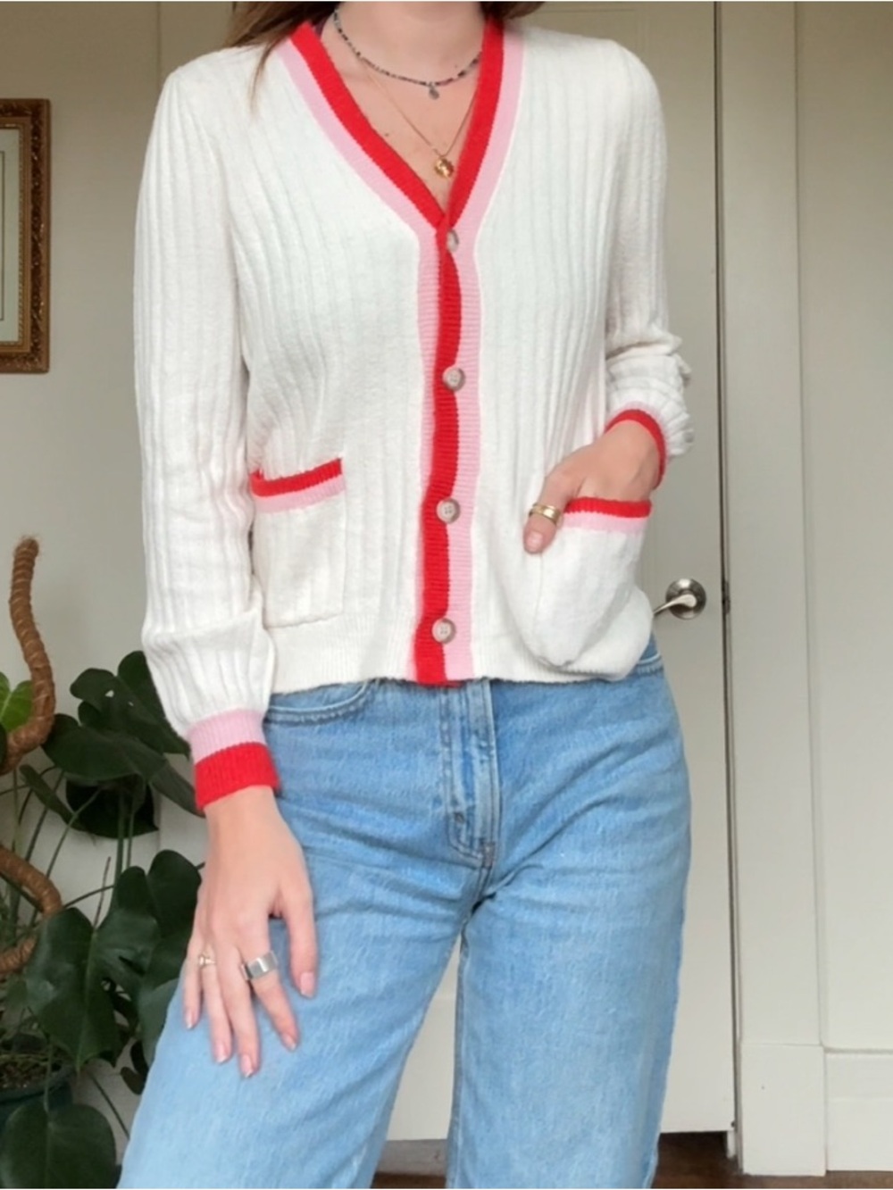 LOFT White Ribbed V-Neck Cardigan with Pink and Red Trim